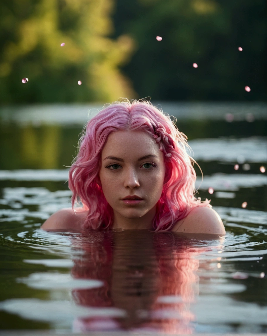 there is a woman with pinkies Hair swimming in a lake, with pinkies Hair, flowing pinkies Hair, nymph in water, in water, in water up to her shoulders, in water, in a lake, Color photo portrait 4k, pinkies Hair, the hair floats on the water, cute girl with short pinkies Hair, in a pond, light pinkies Hair, naked