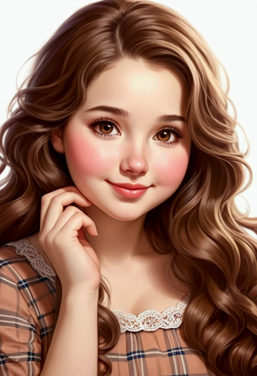 Very beautiful and sweet women, with innocent shy facial expression with sweet smile, long wavy honey brown hair, white skin complexion, brown doe eyes. Very detailed. cute plaid dress, blushing rosy cheeks. , chubby and adorable