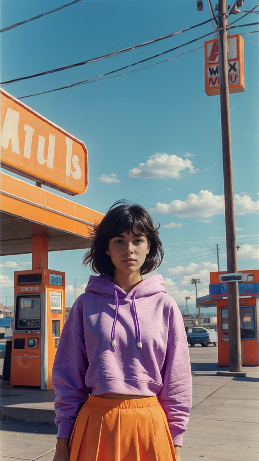 Fujifilm XT3,1 girl ,her pose exudes a sense of and joy,close up photo, wear (((color orange oversized_hoodie))), wear ((purple tennis skirt)),hands in hoodie pocket,looking front,Best Quality,Masterpiece,Ultra High Resolution,(Realisticity:1.4),Original Photo,light leak,ultra high resolution,UHD,beautiful, (bokeh:1) black bob hair, almond eye, no makeup, in front of (80's colorful gas station), (realistic:1.2), (surreal:1.3), (very detailed:1.1), ((masterpiece)),summer, blue sky, palm trees,sunny, los angles vibes