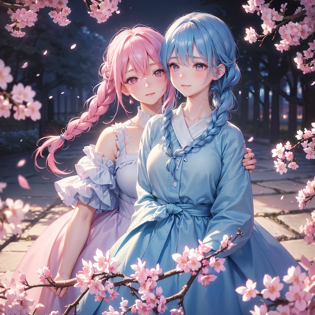 (Light blue medium hair),(Braided hair tied together)、Pink eyes、Fair skin、(whole body)、(uniform)、Cherry Blossoms at Night、A big smile、solo、(masterpiece、Highest quality、Very detailed、Best Shadow)、(Detailed Background)、(Beautifully detailed face)、High contrast、(Best lighting、Very delicate and beautiful)、((Cinematic Light))、colorful、Hyper Detail、Dramatic Light、Exquisite detail、
