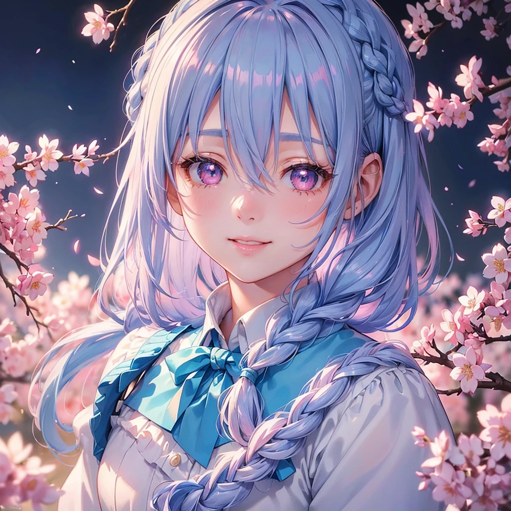 (Light blue medium hair),(Braided hair tied together)、Pink eyes、Fair skin、(whole body)、(uniform)、Cherry Blossoms at Night、A big smile、solo、(masterpiece、Highest quality、Very detailed、Best Shadow)、(Detailed Background)、(Beautifully detailed face)、High contrast、(Best lighting、Very delicate and beautiful)、((Cinematic Light))、colorful、Hyper Detail、Dramatic Light、Exquisite detail、