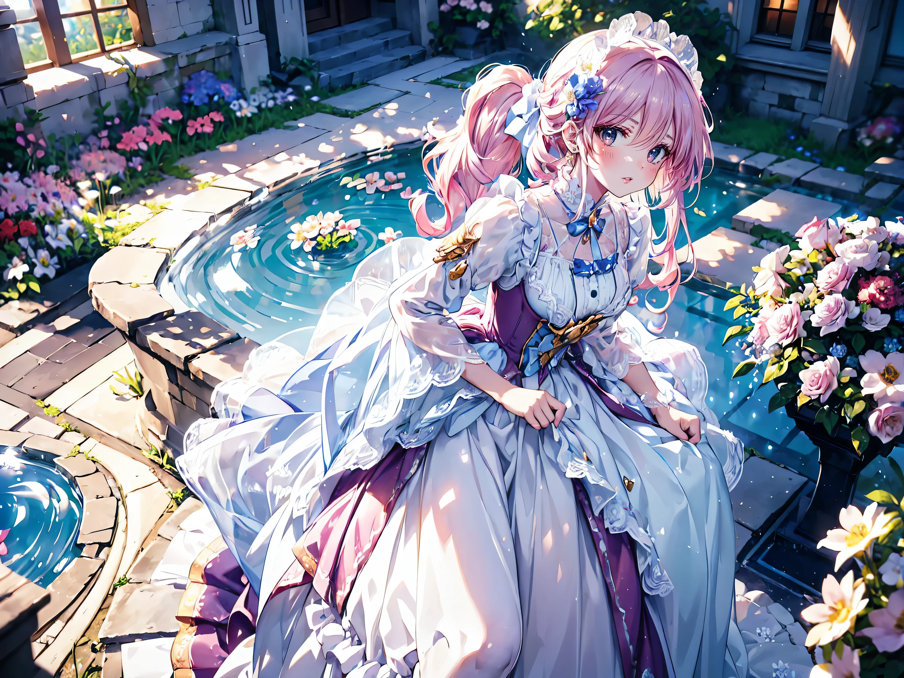 ((Masterpiece, ultra detailed, exquisite quality)), (anime moe art style:1.3), (((young face solo princess))), (((incredibly cute rococo victorian gown with long hems, voluminous princess style skirt, elaborate lace gown))), (huge breasts), breasts cleavage, ((hair light pink hair)), ((fluffy long Expressive ponytail)), (leaning forward, looking up, from above, front view, facing at viewer:2), kawaii face, head tilt, shy smile, (face focus, eyes focus, blurry background, depth of field:2), (isometric 3D, octane render, ray tracing:1.5), backlighting, particle effect, (hyper detail delicate eyes, hyper beautiful eyes), (eyes blue eyes), (lot's of colorful flowers, sparkling glass classic greenhouse:1.5), 