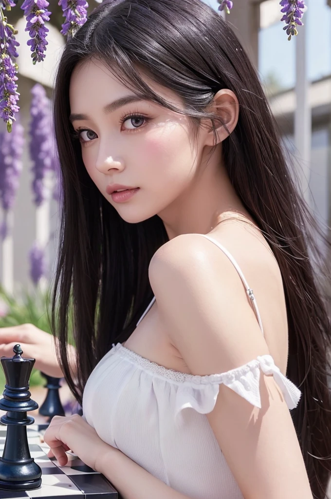 Beautiful face and eyes in every detail、Eye color is mauve、Her hair is jet black.、Long hair、Slender、The bust is a little large、Wearing a white dress(Upper body only)、(Facing forward、Look to the right、Put your face on the back of your left hand、Hold the chess queen in your right hand and hold it out in front of you:1.2)、The background is mysterious、Lavender spreads all over the place、A person is in the spotlight、Highly detailed background