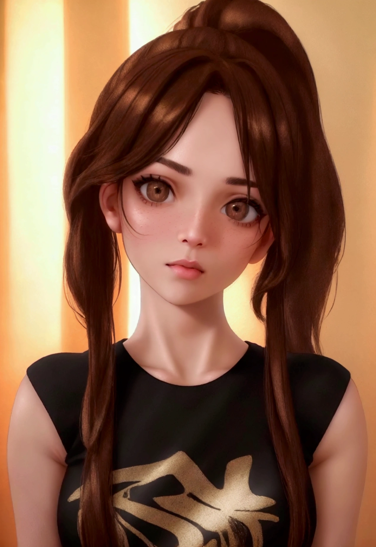 a beautiful young woman with long brown hair pulled back into a ponytail, brown eyes with a blank expression, bright flawless skin, wearing a black t-shirt and black shorts, (best quality,4k,8k,highres,masterpiece:1.2),ultra-detailed,(realistic,photorealistic,photo-realistic:1.37),intricate details,elegant,natural lighting,cinematic,studio lighting,sharp focus,vivid colors,warm tones,high contrast