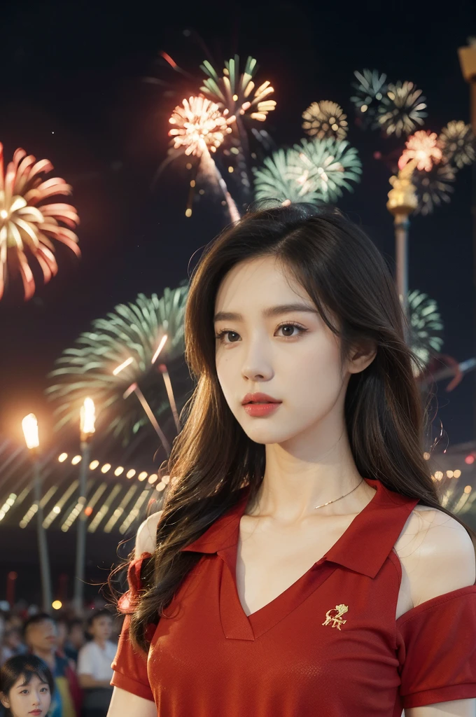 (((best quality))),(((ultra detailed))),(((masterpiece))),illustration, ((Olympic Opening Ceremony,in Paris,summer night,magnificent National stadium of France,Olympic flame, fireworks)),(crowded crowds of enthusiastic spectators:1.3),((a beautiful Chinese girl,solo)),((shoulder length straight hair:1.2)),((slim,thin)),((small breasts,flat chest)),(short sleeves:1.2),(collar:1.2),(red polo shirt:1.5),(yellow skirt:1.2), excited expression, awe, celebrating, electric atmosphere, sense of pride, excitement, playing field, crowd energy, unity, camaraderie, representing China, historic event, memorable moment,((from front,upper body))