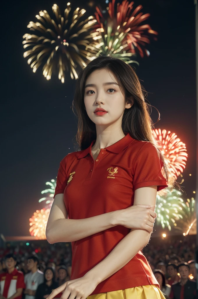 (((best quality))),(((ultra detailed))),(((masterpiece))),illustration, ((Olympic Opening Ceremony,in Paris,summer night,magnificent National stadium of France,Olympic flame, fireworks)),(crowded crowds of enthusiastic spectators:1.3),((a beautiful Chinese girl,solo)),((shoulder length straight hair:1.2)),((slim,thin)),((small breasts,flat chest)),(short sleeves:1.2),(collar:1.2),(red polo shirt:1.5),(yellow skirt:1.2), excited expression, awe, celebrating, electric atmosphere, sense of pride, excitement, playing field, crowd energy, unity, camaraderie, representing China, historic event, memorable moment,((from front,upper body))