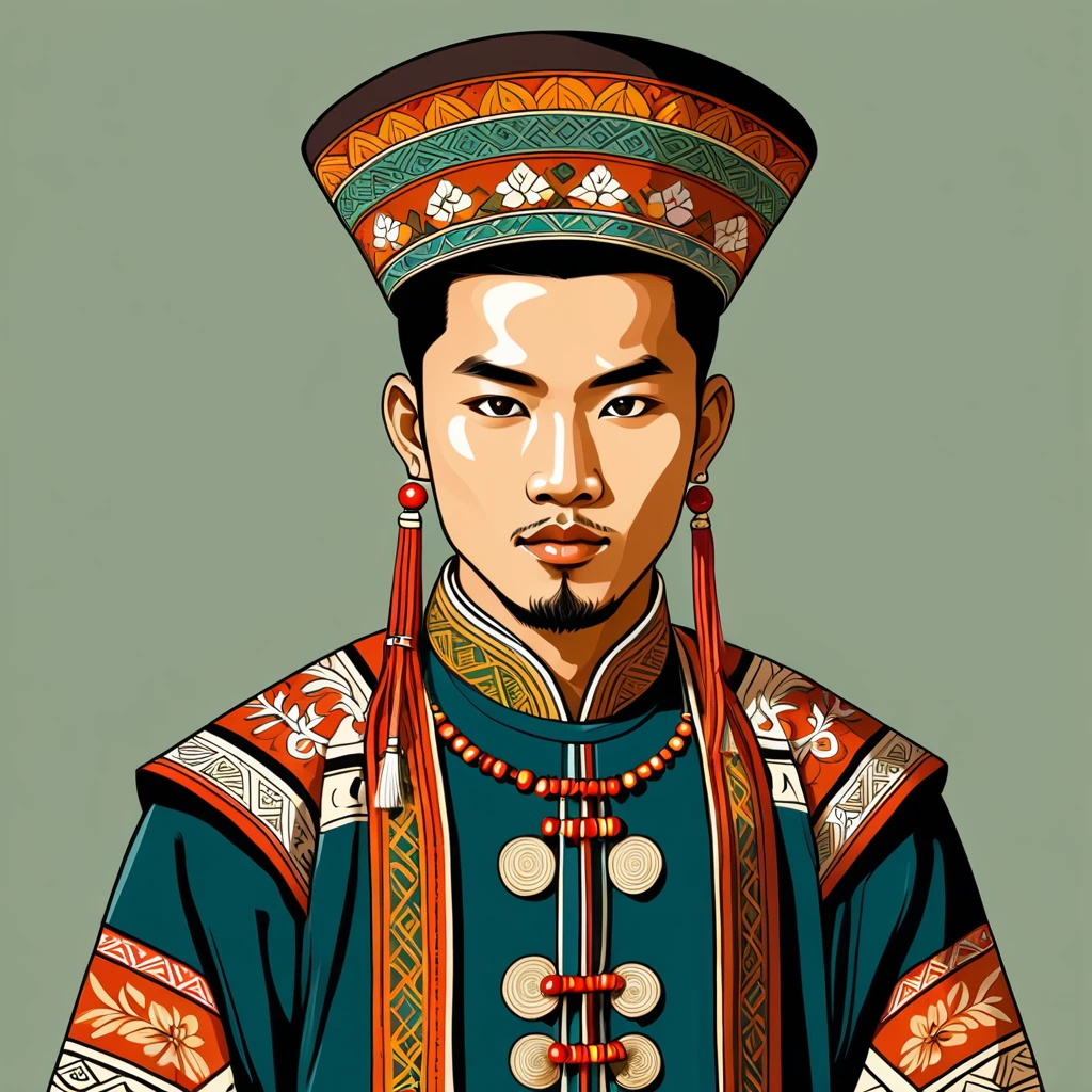 man in folk outfit from an unknown asian ethnic group, vector graphics, strong contours
