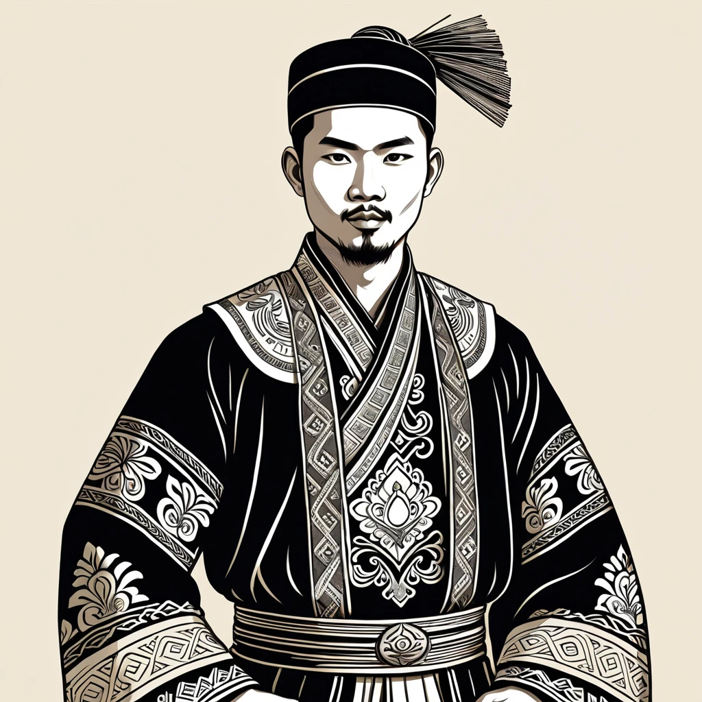 man in folk outfit from an unknown asian ethnic group, vector graphics, strong contours