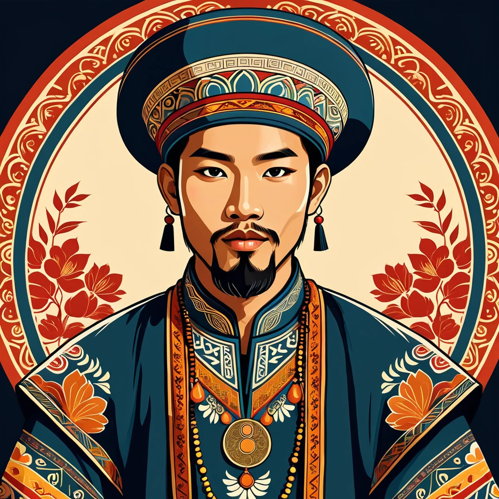 man in folk outfit from an unknown asian ethnic group, vector graphics, strong contours