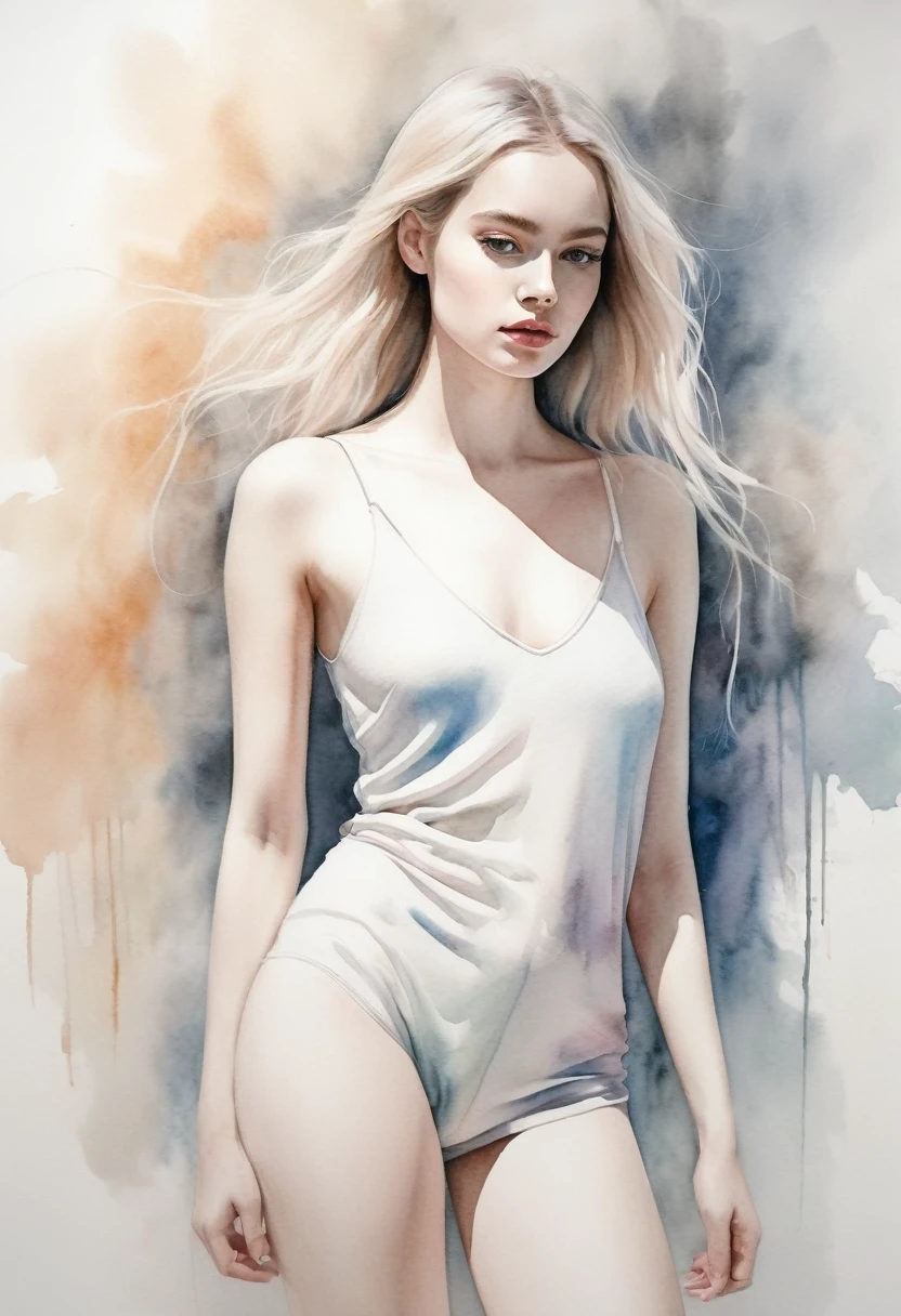 Abstract Wide range whole body girl watercolor White Background Neutral Color pastel Pencil drawing Blurry high quality