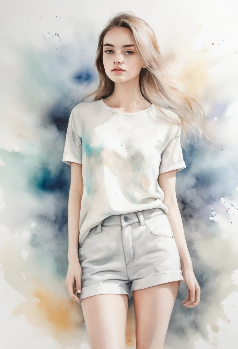Abstract Wide range whole body girl watercolor White Background Neutral Color pastel Pencil drawing Blurry high quality