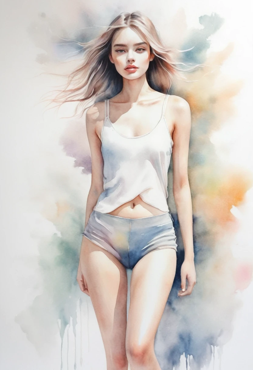 Abstract　　Wide range　whole body　girl　watercolor　White Background　Neutral Color　pastel　Pencil drawing　Blurry　high quality