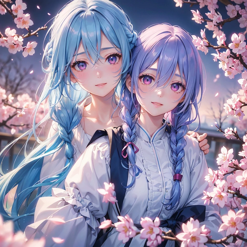 (Light blue medium hair),(Braided hair tied together)、Pink eyes、Fair skin、(whole body)、(uniform)、Cherry Blossoms at Night、A big smile、solo、(masterpiece、Highest quality、Very detailed、Best Shadow)、(Detailed Background)、(Beautifully detailed face)、High contrast、(Best lighting、Very delicate and beautiful)、((Cinematic Light))、colorful、Hyper Detail、Dramatic Light、Exquisite detail、
