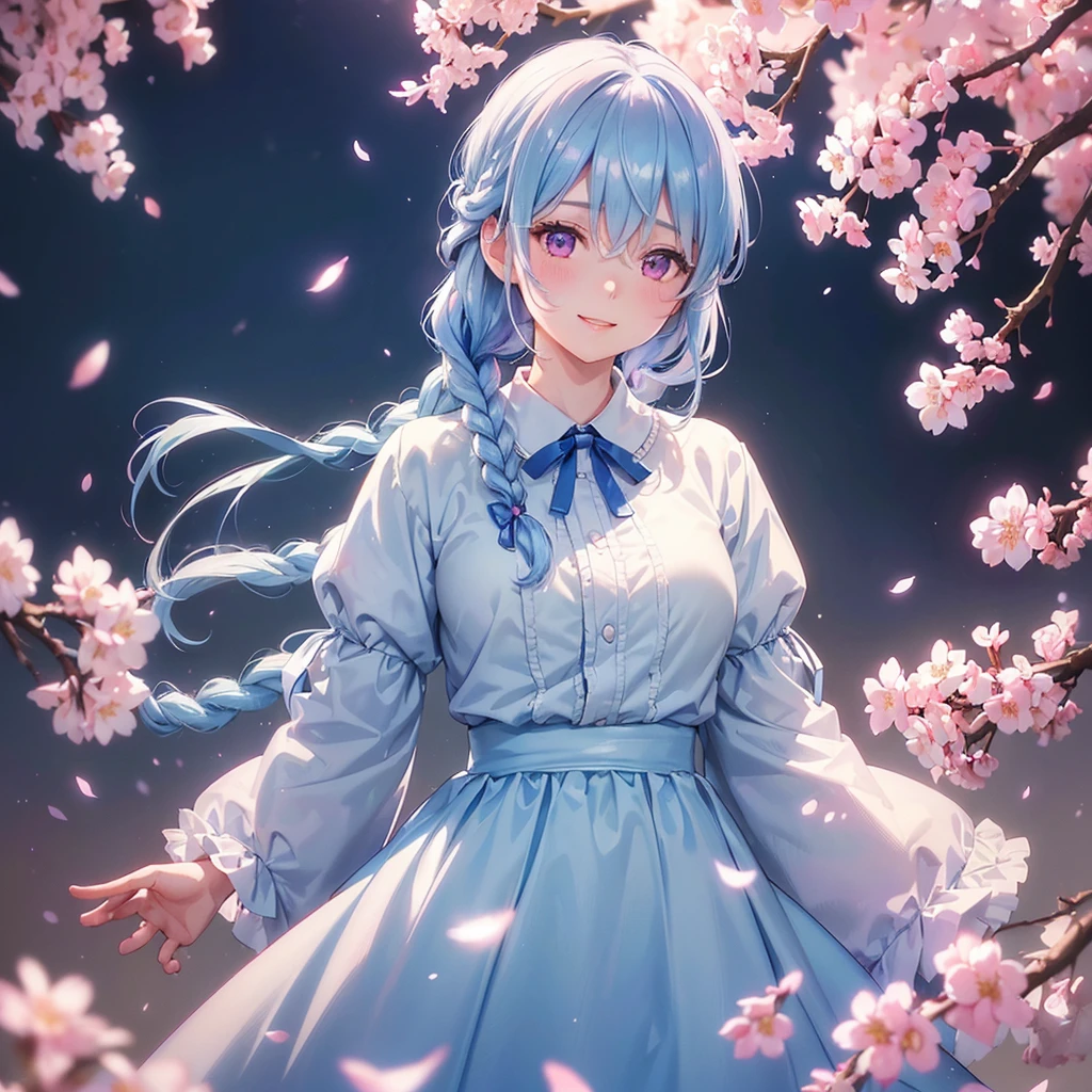 (Light blue medium hair),(Braided hair tied together)、Pink eyes、Fair skin、(whole body)、(uniform)、Cherry Blossoms at Night、A big smile、solo、(masterpiece、Highest quality、Very detailed、Best Shadow)、(Detailed Background)、(Beautifully detailed face)、High contrast、(Best lighting、Very delicate and beautiful)、((Cinematic Light))、colorful、Hyper Detail、Dramatic Light、Exquisite detail、