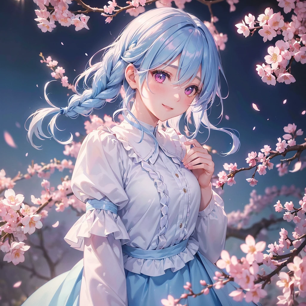 (Light blue medium hair),(Braided hair tied together)、Pink eyes、Fair skin、(whole body)、(uniform)、Cherry Blossoms at Night、A big smile、solo、(masterpiece、Highest quality、Very detailed、Best Shadow)、(Detailed Background)、(Beautifully detailed face)、High contrast、(Best lighting、Very delicate and beautiful)、((Cinematic Light))、colorful、Hyper Detail、Dramatic Light、Exquisite detail、