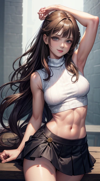 (masterpiece:1.3), High resolution, Super detailed, Highly detailed CG Unity 8K wallpaper, realistic, photo-realistic, Raw photo, Beautiful and dense face, pale skin, realistic glistening skin, fine cloth texture, detailed hair texture, perfect body, beautiful face, Accurate, anatomically correct, Highly detailed face and skin texture, natural neck length, (beautiful hands), (Fair skin:1.2), thin legs, thin legs,
break,
fine eyes, symmetrical eyes, light brown eyes, double eyelid, thin eyebrows, (glossy lips:1.4), (smile gently:1.2),
break,
(NSFW:1.1), (classy and cute girl:1.3), (1 girl), ((Wearing a white sleeveless turtleneck midriff sweater:1.3)), ((No bra:1.1)), (black pleated skirt), (knee high boots),
(medium big breasts, slender body shape, toned abdominal muscles, firm chest:1.1), beautiful clavicle, armpits
(dark blonde hair, wavy hair, long hair:1.2), ((asymmetrical bangs:1.2)),