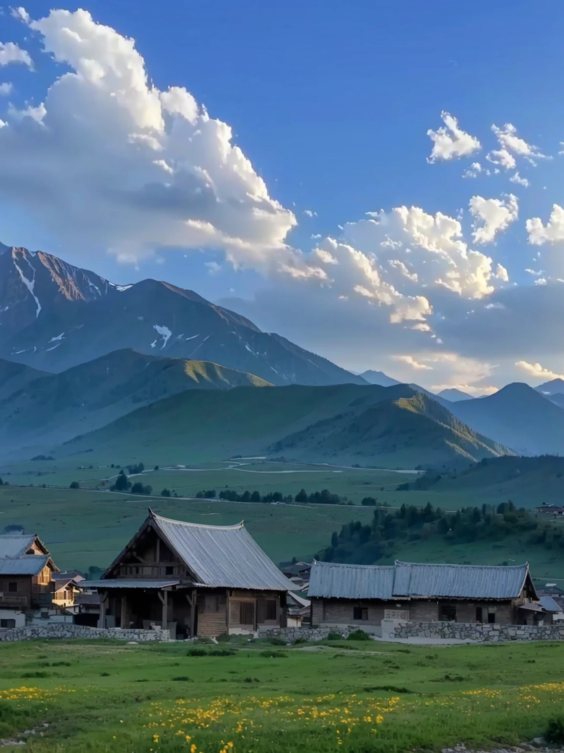 Mountains in the distance,There are several houses in the foreground, villages at background, village, Mountains in the background, 8K)), In the valley, Mountains in the background, Mountains in the background, very scenery is beautiful, 背景中的village庄, scenery is beautiful, Alexander Runciman, Valle encantador, 4 0 9 6, In the mountains
