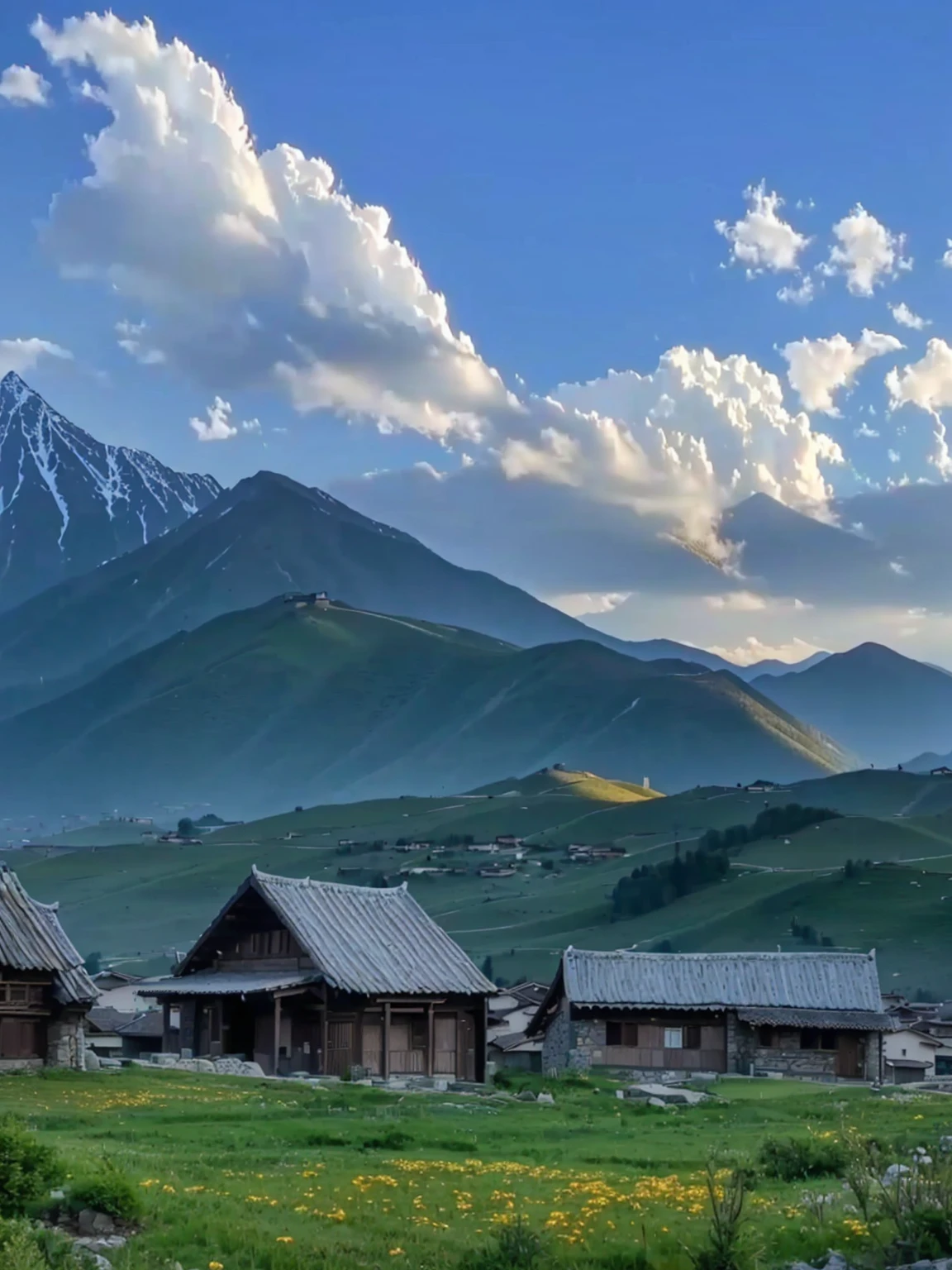 Mountains in the distance,There are several houses in the foreground, villages at background, village, Mountains in the background, 8K)), In the valley, Mountains in the background, Mountains in the background, very scenery is beautiful, 背景中的village庄, scenery is beautiful, Alexander Runciman, Valle encantador, 4 0 9 6, In the mountains