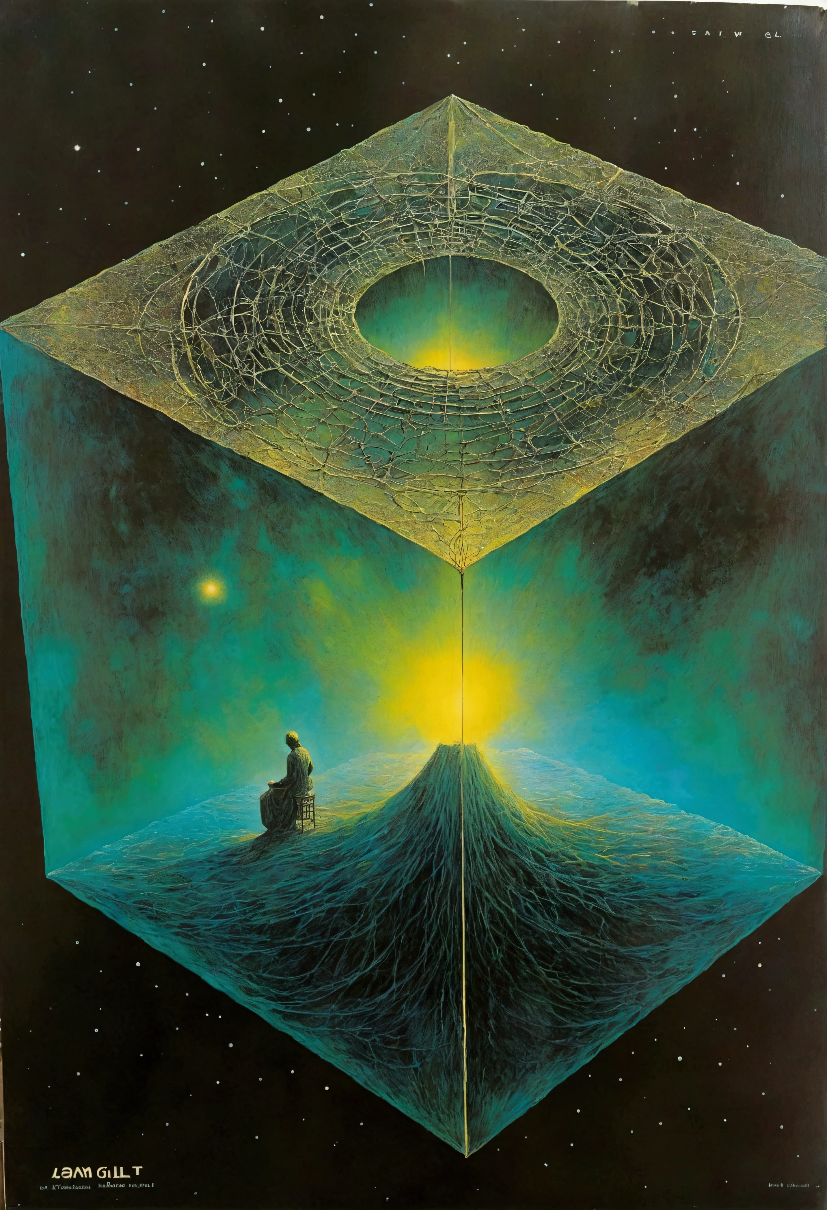 Transparent Spacetime Cube,Old Sci-Fi Posters, author:Zsław Beksinski and Jean.Gillot