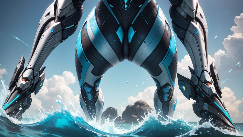 a close up of a person in a futuristic suit standing in the water, thick smooth warframe thighs, thick warframe legs, thick smooth warframe legs, sliver ice color reflected armor, this character has cryokinesis, echo from overwatch, sharp silver armor fuchsia skin, biomechanical oppai, overwatch skin, freezing blue skin, detailed legs looming over you