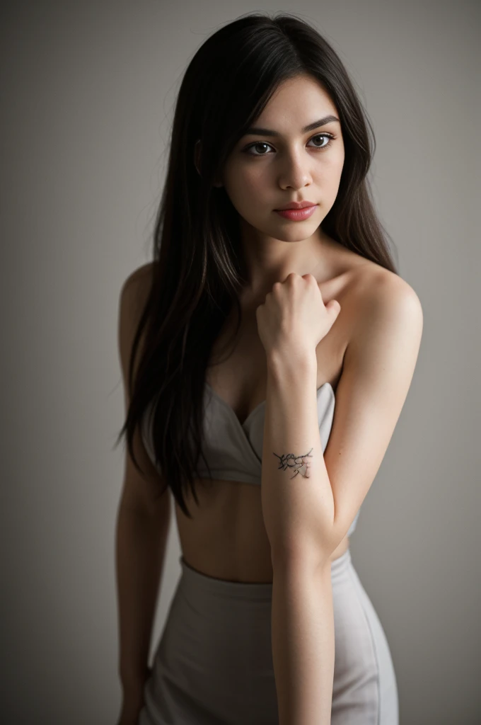 woman, long brown hair, professionally styled hair and makeup, model photoshoot, masterpiece, photorealistic, high definition, flowing black dress, photostudio, studio lighting, cinematic shot, raw photo, film grain, pale skin, freckles, wide hips, tiny, petit
