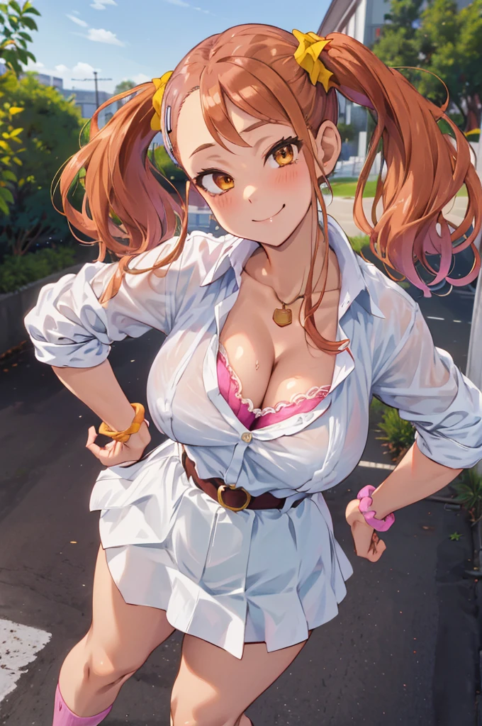 masterpiece, best quality, highres, 1girl, anjou naruko, hairclip, large breasts, , sleeves rolled up, wrist scrunchie, belt, white shirt, red skirt, socks, twintails, standing, outdoors, hand on hip,(gyaru),smile,cleavage,bra