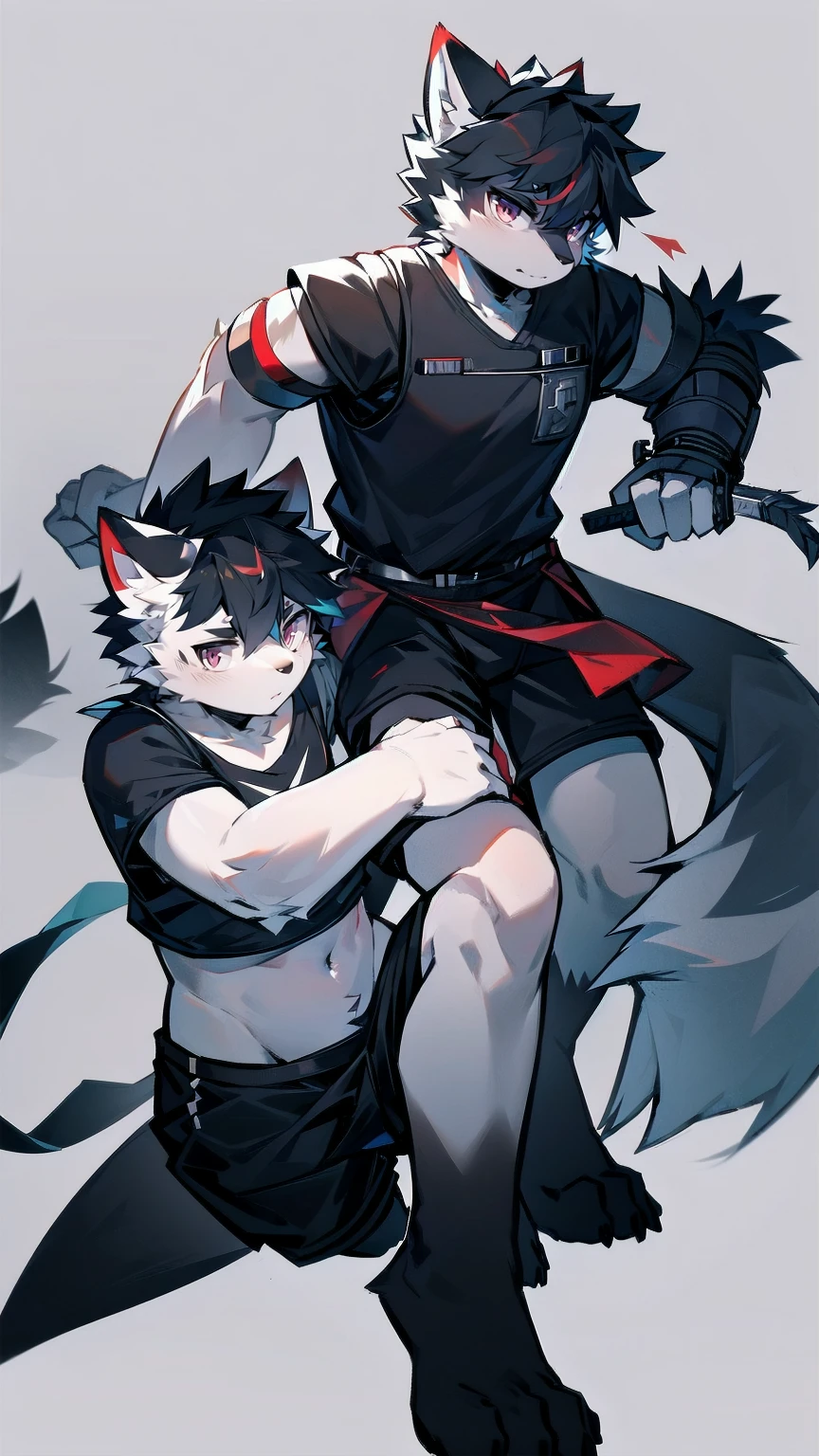 White Wolf,black hair,Red eyes,Wolf ears,Wolf Tail,juvenile,male,hairy,Hair,Half body armor,Combat uniform,Silver and black clothing,Handsome,Handsome,shorts,The forearm is exposed,leg,Fighting Stance,Duel,Two people,Anxious,Armed with a sword,Simple background,Swords