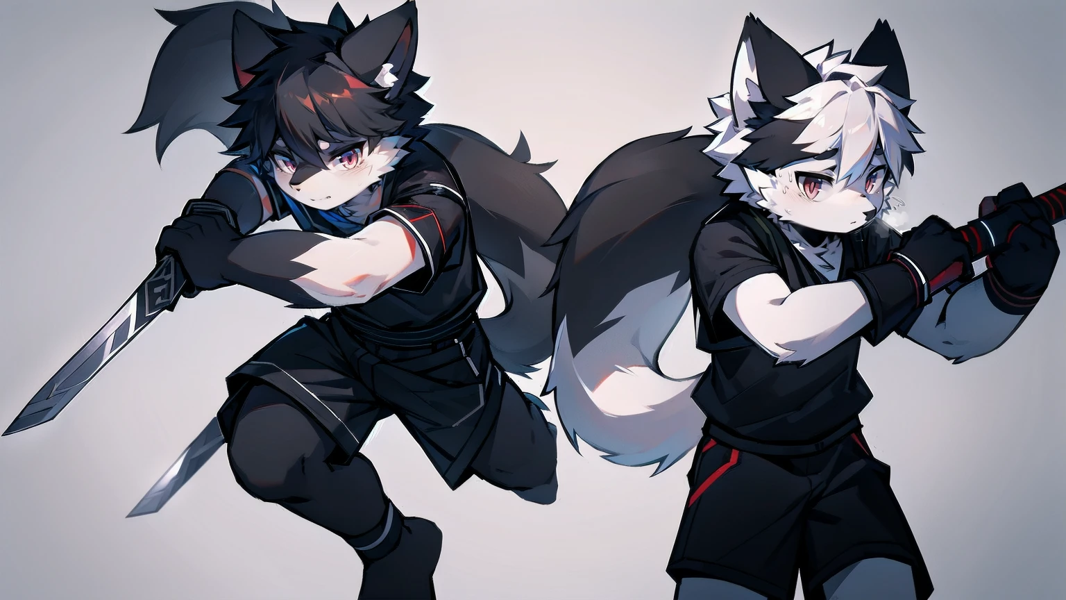 White Wolf，black hair，Red eyes，Wolf ears，Wolf Tail，juvenile，male，hairy，Hair，Half body armor，Combat uniform，Silver and black clothing，Handsome，Handsome，shorts，The forearm is exposed，leg，Fighting Stance，Duel，Two people，Anxious，Armed with a sword，Simple background，Swords