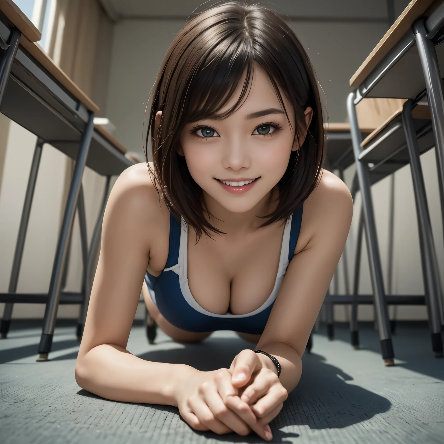 (masterpiece), highly realistic, Smiling for the camerar, The white training wear with blue lines wear by the beautiful female student, Lying on the floor of an empty classroom, both elbows on the floor, Short hair and pale skin, (perfect anatomy), 8k Resolution, wonder full, elegant, hyperrealism, approaching perfection, dynamic, highly detailed, smooth, ultra high definition, Alchemy Smooth Upscaled Image ,HD resolution, high quality boost, contrast boost, professional alchemy,