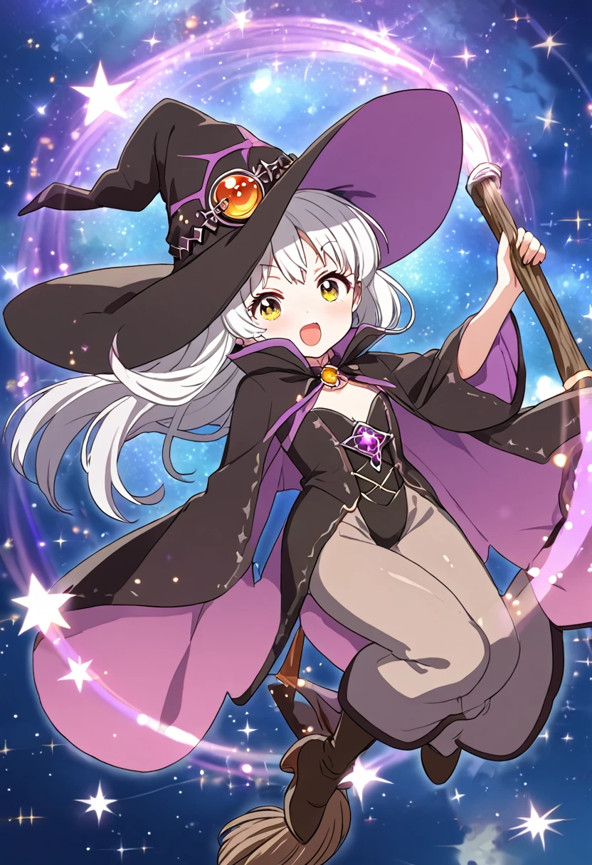 anime, A girl in a witch costume is flying on a broom, Astral Witch Outfit,Wearing a hat