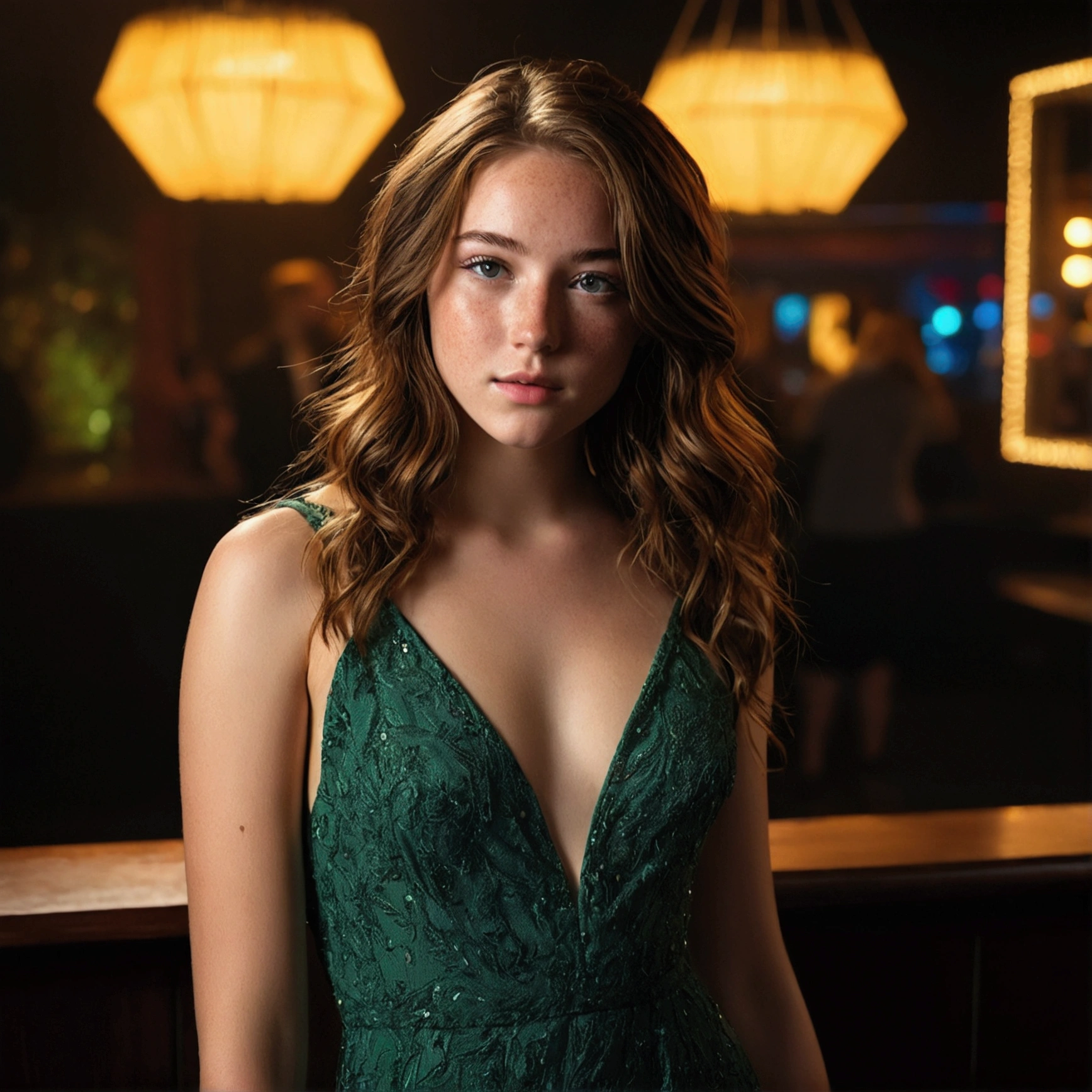 beautiful young American woman of 21 years old, Brown hair, with freckles, yeux verts, whole body, nightclub, wears an elegant dress, attractive, full body, nice face, masterpiece, best quality, Ultra detailed, 独奏, shadows, sharp contrast, cinematic light, side lighting, ultra haute résolution, best shadow, RAW, 4K, 85 mm, shallow depth of field, Kodak Vision Color, extremely detailed, Cinematographer_(ultra\), Photorealistic, Realstic, Post-traitement, maximum details, Vista, real life, ultra realistic, photorealism, Cinematographer, 8K UHD, cinematographer