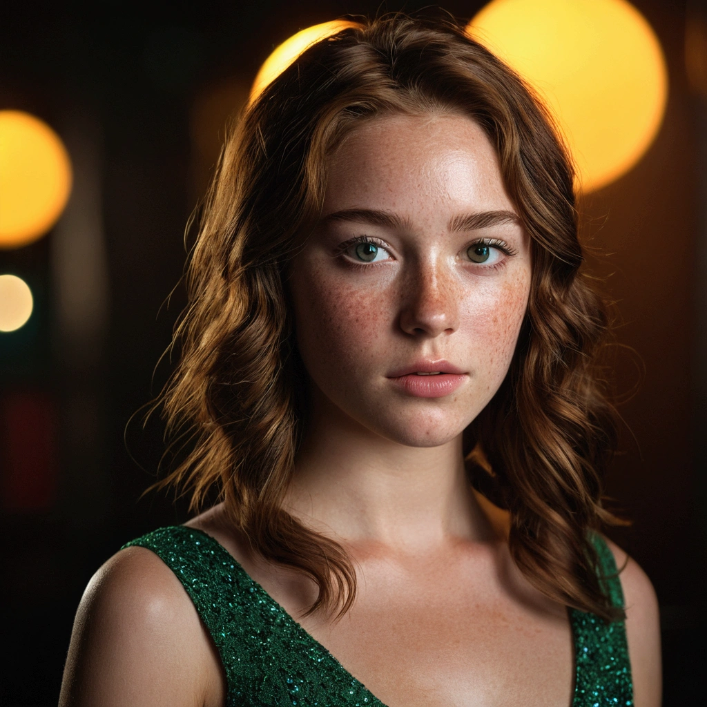 beautiful young American woman of 21 years old, Brown hair, with freckles, yeux verts, whole body, nightclub, wears an elegant dress, attractive, full  body, nice face, masterpiece, best quality, Ultra detailed, 独奏, shadows, sharp contrast, cinematic light, side lighting, ultra haute résolution, best shadow, RAW, 4K, 85 mm, shallow depth of field, Kodak Vision Color, extremely detailed, Cinematographer_(ultra\), Photorealistic, Realstic, Post-traitement, maximum details, Vista, real life, ultra realistic, photorealism, Cinematographer, 8K  UHD, cinematographer