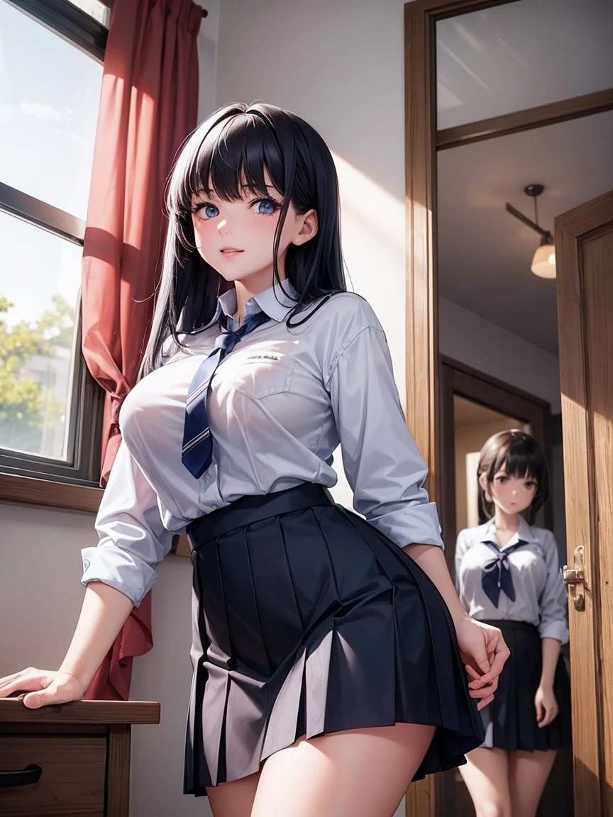 (3girls), (3 young schoolgirls), navy blue school shirt, red school skirt, putting on a show for the viewer, classroom, dusk, (dim lighting), smirking, bullies, (three Sexy girl), [platinum hair, tall, grey eyes, pale skin, big breasts], [dark brown hair, hazel eyes, tan skin, big ass], [black hair, light blue eyes, medium tits, short] (Masterpiece), (Best quality), (8k)