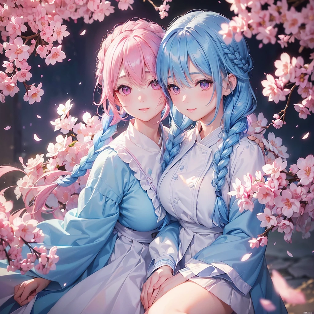 (Light blue medium hair),(Braided hair tied together)、Pink eyes、Fair skin、(whole body)、(uniform)、Cherry Blossoms at Night、A big smile、solo、(masterpiece、Highest quality、Very detailed、Best Shadow)、(Detailed Background)、(Beautifully detailed face)、High contrast、(Best lighting、Very delicate and beautiful)、((Cinematic Light))、colorful、Hyper Detail、Dramatic Light、Exquisite detail、