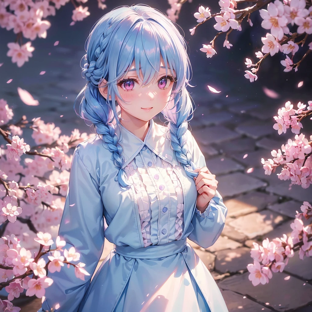 (Light blue medium hair),(Braided hair tied together)、Pink eyes、Fair skin、(whole body)、(uniform)、Cherry Blossoms at Night、A big smile、solo、(masterpiece、Highest quality、Very detailed、Best Shadow)、(Detailed Background)、(Beautifully detailed face)、High contrast、(Best lighting、Very delicate and beautiful)、((Cinematic Light))、colorful、Hyper Detail、Dramatic Light、Exquisite detail、