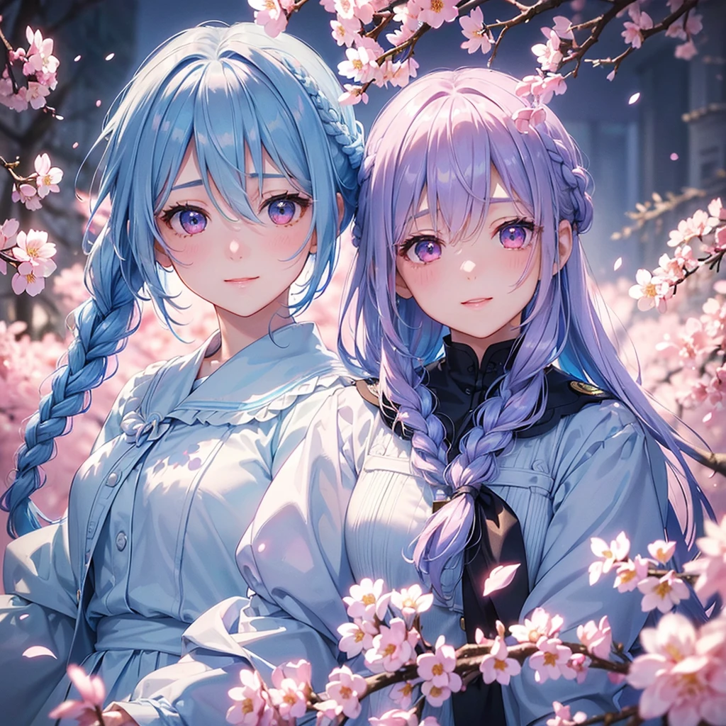 (Light blue medium hair),(Braided hair tied together)、Pink eyes、Fair skin、(whole body)、(uniform)、Cherry Blossoms at Night、A big smile、solo、(masterpiece、Highest quality、Very detailed、Best Shadow)、(Detailed Background)、(Beautifully detailed face)、High contrast、(Best lighting、Very delicate and beautiful)、((Cinematic Light))、colorful、Hyper Detail、Dramatic Light、Exquisite detail、