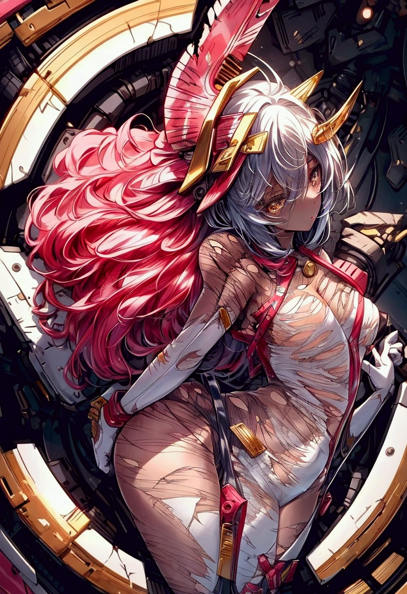 A beautiful woman is connected to a cord on the cockpit seat、Highest quality, masterpiece, High resolution, 8k,(Perfect body:1.4), (Detailed skin:1.5)、(Beautiful and well-proportioned face)、(Perfect Anatomy:1.2)、One Woman、20-year-old、Full body photo、Increased transparency、(Acrobatic pose:1.3)、(Correct finger)、leotard、(Torn clothes:1.5),、Japanese women、