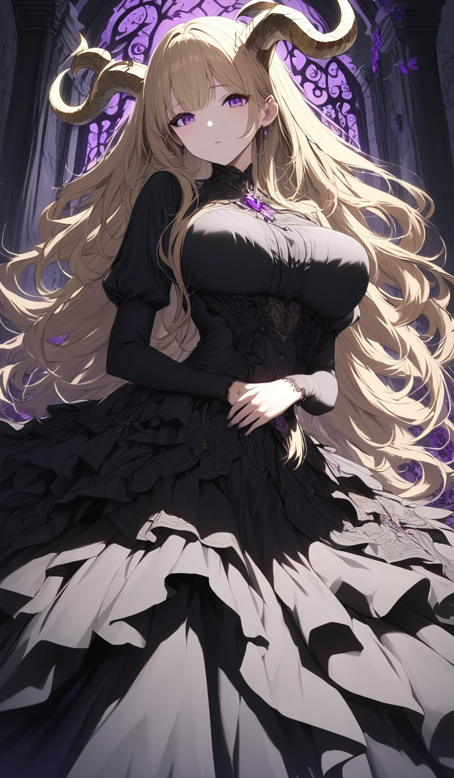 Masterpiece, very detailed, ultra detailed, one, (1 woman), she is in a complex black dress, and in an elegant position, small, long golden hair and parting on the sides, golden demonic horns, beautiful, charming, purple eyes, elegant, big breasts, cute face, charming, she stands against the background of a dark cemetery.