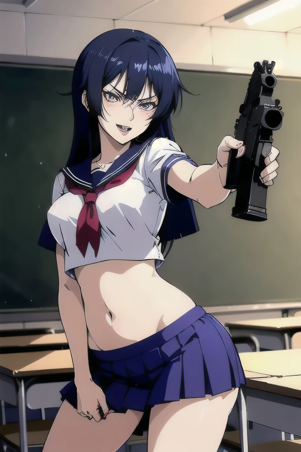 Karla,1girl,
long hair , black hair,purple eyes,purple lips,
blush, lipstick, long hair, crazy eyes ,Hot girl, baddie, staring, glaring, bad attitude, mean girl, dare, angry, hate, crazy, smoking, sensual, attractive, masterpiece, best quality, highly detailed, a anime girls in sailor uniforms with a gun posing for a picture,
evil smile, smile, open mouth,black_serafuku, ecchi anime style, anime girls , (nsfw) not safe for work,
ecchi style, ecchi, shipgirls, digital anime art!!, high school girls, holding a gun, hold a gun, anime style 4
k, micro skirt, exposed belly, exposed navel, exposed midriff,
exposed lower belly,school, classroom