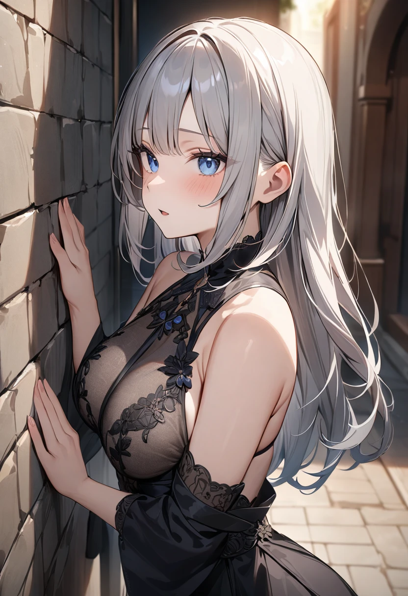 (masterpiece, top quality, very aesthetic, 4k、8ｋ、illustration), intricate detail, 1girl,Standing in front of a wall、(upper body)、clear face、()、
Cute 、light black hair、,middle hair,sidelock ,,blue eye、Clothes to seduce men、,medium breasts、Slim 、