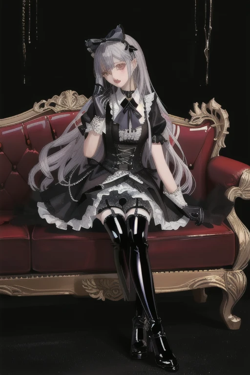 (gothic, gothic lolitafashion, dark persona:1), (corrupted dark magical girl, long hair:1.2), (gothic frilly lolitafashion dress:1.2), (latex gloves, multilayered dress:1), (shiny glossy translucent clothing, gleaming oily latex fabric:1.1), backlight, (gothiclolita boots, shoes focus, fishnet stockings:1.2), (many frills, big bow, lace:1.3), (glossy lips, eyeshadow, mascara, dark makeup:1.2), (sitting on latex sofa:1.3), (gloomy:1.1),