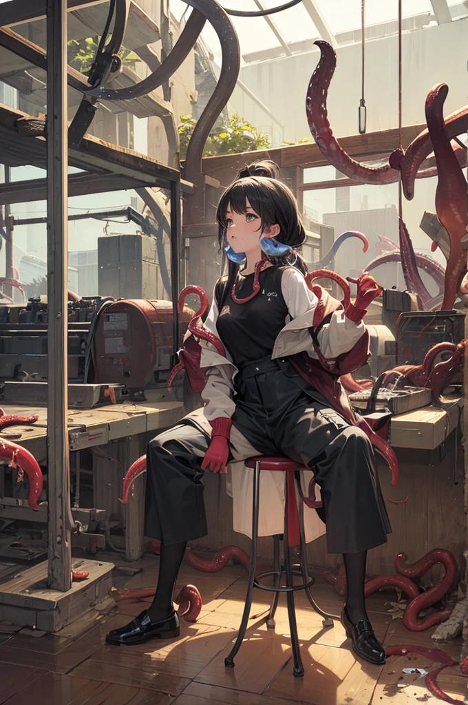 Girl captured by tentacles in abandoned factory Tentacles in a skirt Pants fabric texture