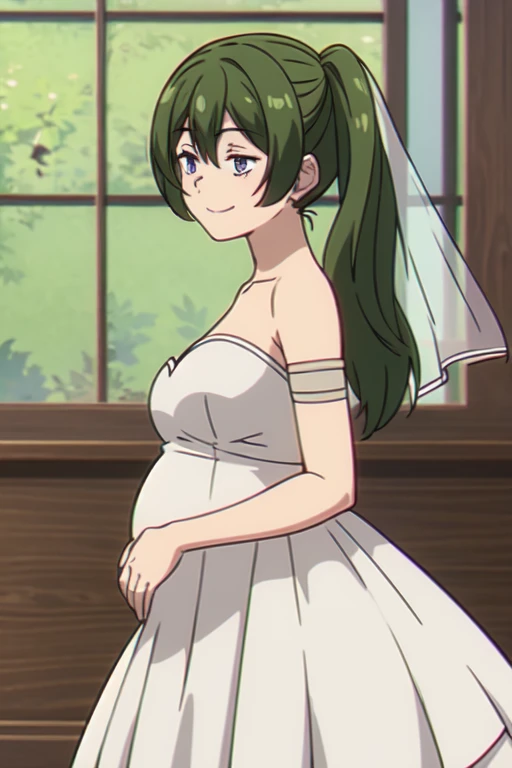 (((Best quality))), ((Ultra-detailed)), ((illustration)), ((Disheveled hair)), ((frilld)), (1 girl),(Solo),
1girl,blurry,blurry_background,blurry_foreground,bouquet,depth_of_field,flower,indoors,looking_at_viewer,lying,motion_blur,open_mouth,pink_flower,pink_rose,rose,white_rose,window,rating:questionable,underwear,smile,
wedding,wedding_dress,bride,veil,8 months pregnant,8 months pregnant,
full body, purple eyes,green hair,Right side ponytail,