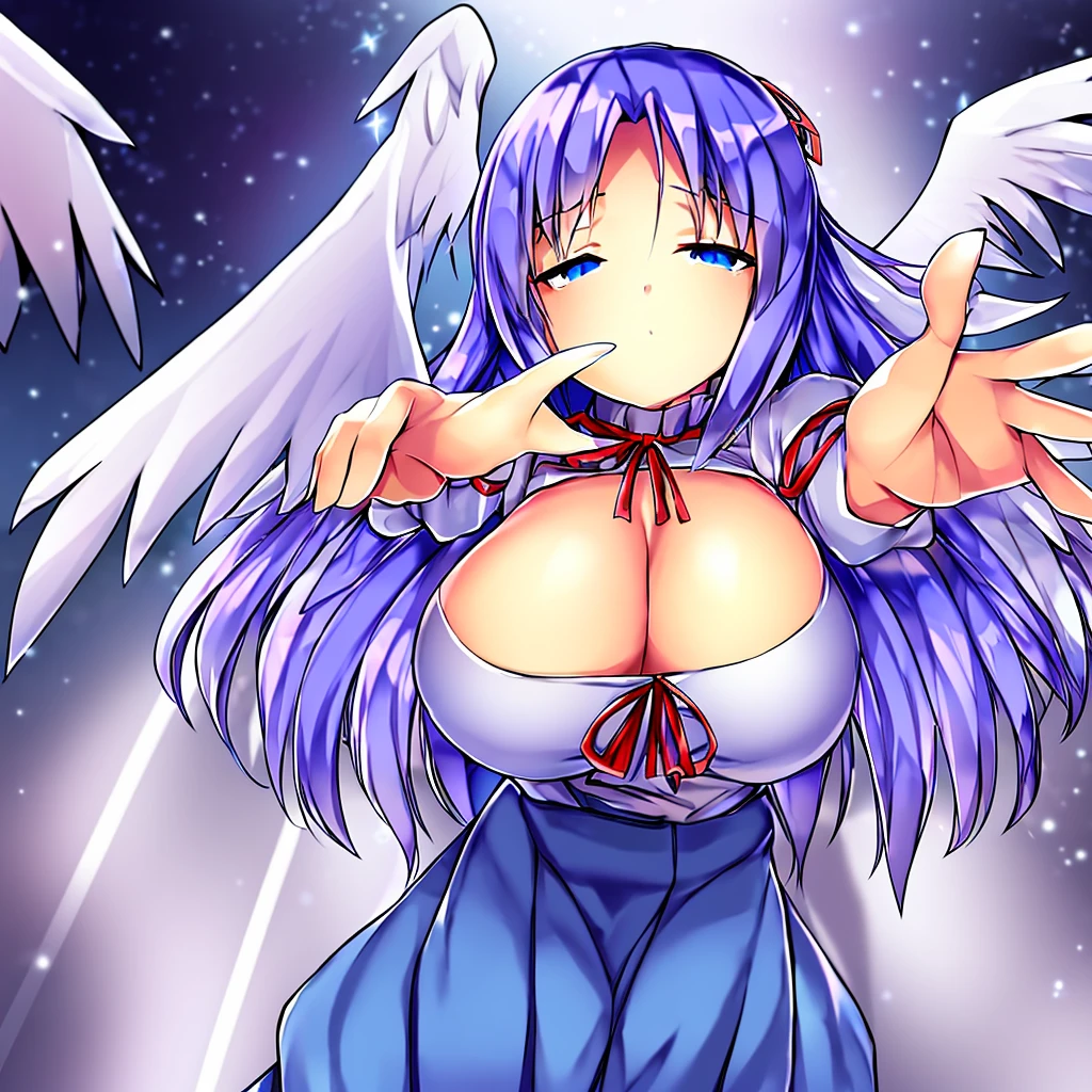 (best quality,4k,8k,highres,masterpiece:1.2), ultra-detailed, highly detailed texture, intricate details, high quality textures, A cute age angel with blue eyes, drawn in anime style, 1girl, , , 10 ydium blue hair, hair flaps, pink ribbon on head, well-formed face, blue eyes, angel girl, white blouse, puffy short sleeves, red ribbon, angel wings, long white skirt, red shoes, frills, ribbon head, A pair of angel wings on the back, clean line drawings, from behind, to lift up one’s skirt, cowboy shot, from front, standing , raise one leg, crossed arms, arms up behind, arms behind back, hand between legs, put hands hip, one hand on hip, forward hands, arms raised in the air, punch hands, peace sign, waving, put up index finger, sit, lie down, closed eyes, lie face down, looking back, put one hand chest, leaning forward, cleavage, close up, horizontally outstretched arms, horizontally outstretched legs, front view, front face, huge breasts for short stature