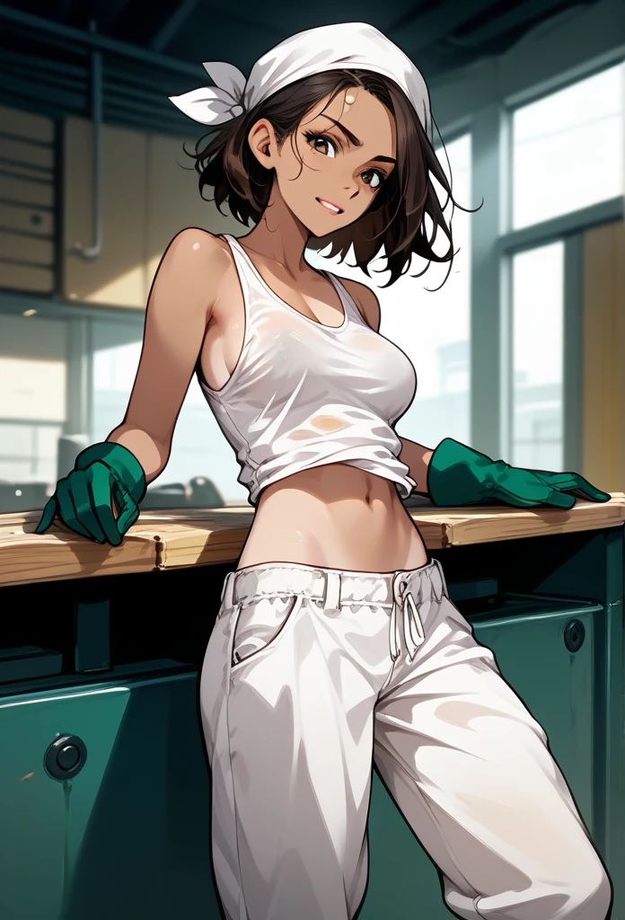 masterpiece, best quality, mature woman, messy hair, black hair, brunette gradient hair color, hot face, (tomboy face), tan skin, mature body, fit body, , mechanic gloves, (white tank top), stained tank top, midriff, white bandana, mechanic pants, loose pants, workshop