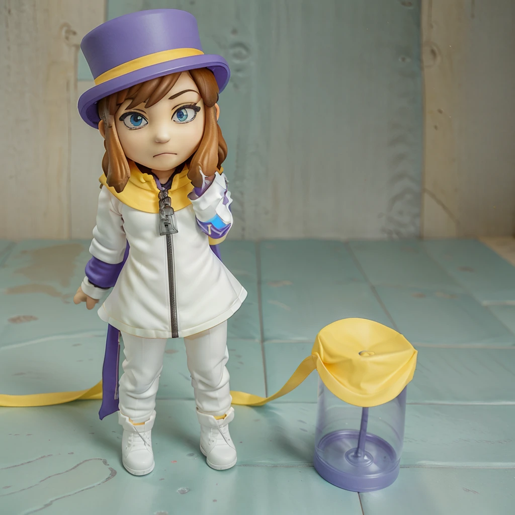 (nendoroid:1.1), solo, 1girl, hkdef, purple dress, white pants, boots, top hat, yellow cape, zipper pull tab, 