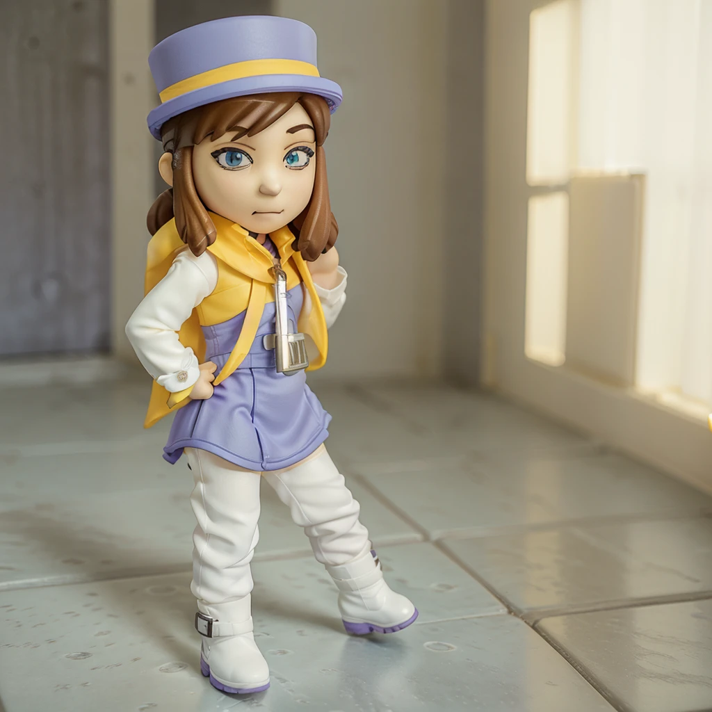 (nendoroid:1.1), solo, 1girl, hkdef, purple dress, white pants, boots, top hat, yellow cape, zipper pull tab, 