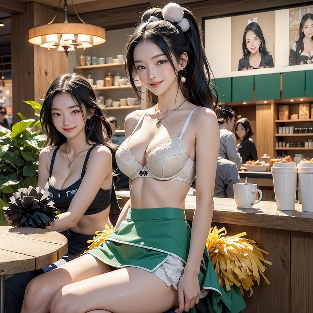 (((((((((Emphasize cleavage))))))))) 
((((((((((Cheerleader, pom pom mini skirt, smile))))))))))
(((((Large Breasts)))))
(((((((((Bra is visible)))))))))

 (((((((お洒落でcuteInside the Starbucks store))))))) 
8k、RAW Photos、Highest quality、Super detailed、Super Resolution、Ultra HD、8k wallpaper、Amazing details ((((((tennis racket)))))) (((((((Inside the Starbucks store)))))))、 ((((((Sit down and eat cake、Drink Starbucks coffee、smile))))))、((Heart Necklace)) Modern and sleek design：Interior design using natural materials、Many of the designs are warm and made using wood and metal.。 Large windows：自然光をたっぷり取り入れるためのLarge windowsがあり、Providing a bright and open space。 Green Interior：Potted plants are effectively placed、It creates a relaxing atmosphere。 artwork：Works by local artists、Starbucks-related art on display。 Cozy seating：Cushioned chairs and sofas、Bar sheet etc.、A variety of seating options available。 Open kitchen area：Being able to see how drinks and food are made、We provide peace of mind and transparency。 Unique lighting：Antique lamps and chandelierodern lighting fixtures are used。 Comfortable background music：Relaxing music is playing、A comfortable space is provided。 Wide々Table space：一人でもグループでも使いやすいWide々There is a table with。 Community Table：There is a large table where you can socialize with other customers.。 Seasonal decorations：The decorations are themed according to the season.。 Design with a local feel：The design incorporates the local culture and characteristics.。 Fragrance production：コーヒーの香りが店内にWideがり、A space that satisfies the five senses has been created.。 Conversation with a barista：フレンドリーなConversation with a baristaが楽しめるカウンターエリアがあります。 8k、RAW Photos、Highest quality、masterpiece:1.2、Super detailed、Super Resolution、Ultra HD、8k wallpaper、Amazing details、Photorealistic:1.4、Having fun by the water、Full Body Shot、Full body photo、High-resolution RAW color photos、Professional photos、A scene full of emotion、Very detailed and beautiful、Ultra HD、8k wallpaper、Amazing details、Huge file sizes、Highly detailed beautiful girls、Highly detailed face Highly detailed eyes、Extremely realistic skin、 Highly detailed fingers, Highly detailed nose, Highly detailed mouth, Perfect Anatomy, Highly detailed background, Highly detailed clothing, Teen, cute女の子, Famous Japanese Idols, cute, Realistic body, Slender, White skin, Glowing Skin, Slim body, Realistic Face, Delicate eyes, double eyelid,
