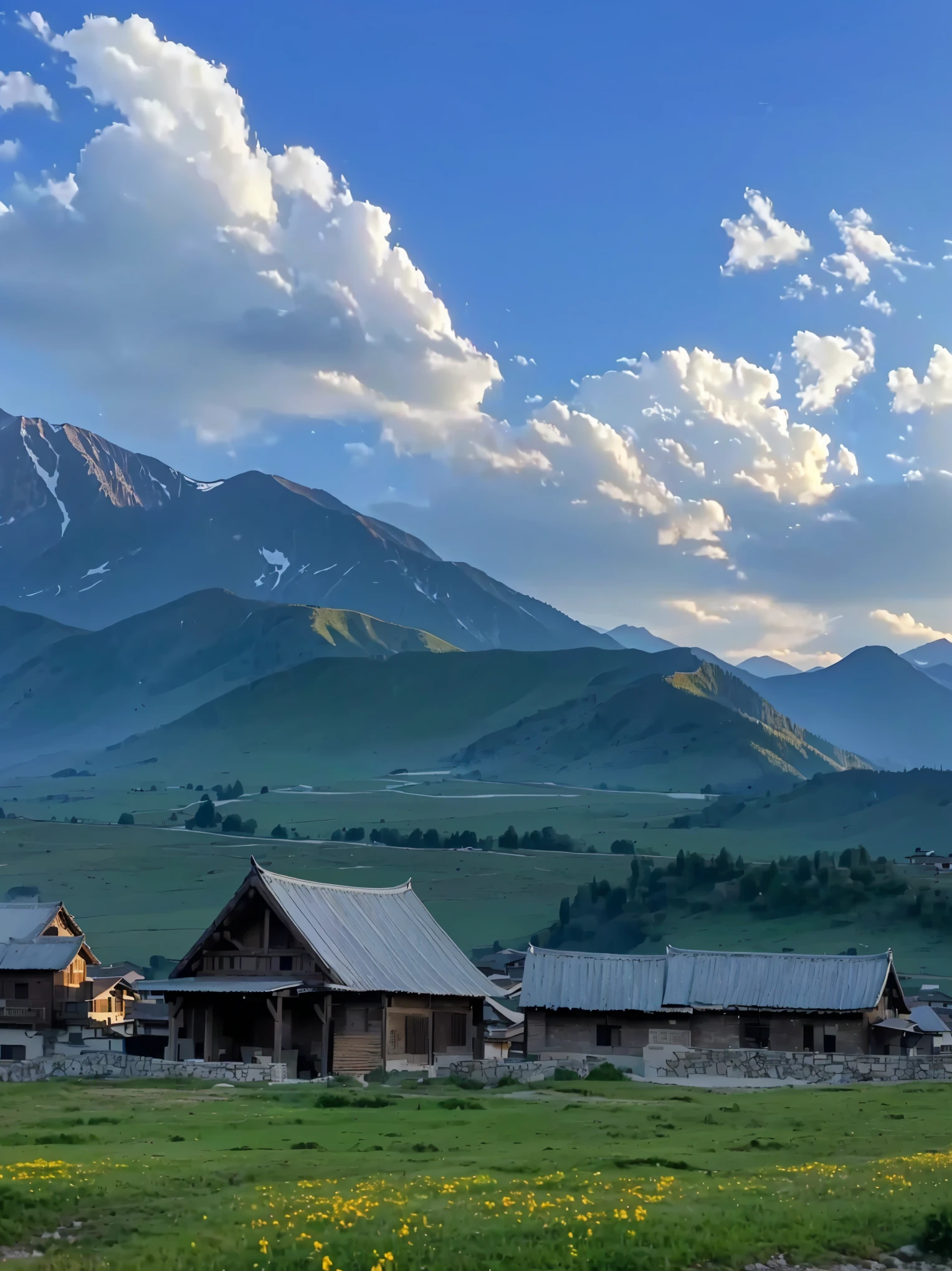 Mountains in the distance,There are several houses in the foreground, villages at background, village, Mountains in the background, 8K)), In the valley, Mountains in the background, Mountains in the background, very scenery is beautiful, 背景中的village庄, scenery is beautiful, Alexander Runciman, Valle encantador, 4 0 9 6, In the mountains