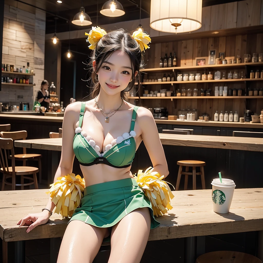 (((((((((Emphasize cleavage))))))))) 
((((((((((Cheerleader, pom pom mini skirt, smile))))))))))
(((((Large Breasts)))))
(((((((((Bra is visible)))))))))

 (((((((お洒落でcuteInside the Starbucks store))))))) 
8k、RAW Photos、Highest quality、Super detailed、Super Resolution、Ultra HD、8k wallpaper、Amazing details ((((((tennis racket)))))) (((((((Inside the Starbucks store)))))))、 ((((((Sit down and eat cake、Drink Starbucks coffee、smile))))))、((Heart Necklace)) Modern and sleek design：Interior design using natural materials、Many of the designs are warm and made using wood and metal.。 Large windows：自然光をたっぷり取り入れるためのLarge windowsがあり、Providing a bright and open space。 Green Interior：Potted plants are effectively placed、It creates a relaxing atmosphere。 artwork：Works by local artists、Starbucks-related art on display。 Cozy seating：Cushioned chairs and sofas、Bar sheet etc.、A variety of seating options available。 Open kitchen area：Being able to see how drinks and food are made、We provide peace of mind and transparency。 Unique lighting：Antique lamps and chandelierodern lighting fixtures are used。 Comfortable background music：Relaxing music is playing、A comfortable space is provided。 Wide々Table space：一人でもグループでも使いやすいWide々There is a table with。 Community Table：There is a large table where you can socialize with other customers.。 Seasonal decorations：The decorations are themed according to the season.。 Design with a local feel：The design incorporates the local culture and characteristics.。 Fragrance production：コーヒーの香りが店内にWideがり、A space that satisfies the five senses has been created.。 Conversation with a barista：フレンドリーなConversation with a baristaが楽しめるカウンターエリアがあります。 8k、RAW Photos、Highest quality、masterpiece:1.2、Super detailed、Super Resolution、Ultra HD、8k wallpaper、Amazing details、Photorealistic:1.4、Having fun by the water、Full Body Shot、Full body photo、High-resolution RAW color photos、Professional photos、A scene full of emotion、Very detailed and beautiful、Ultra HD、8k wallpaper、Amazing details、Huge file sizes、Highly detailed beautiful girls、Highly detailed face Highly detailed eyes、Extremely realistic skin、 Highly detailed fingers, Highly detailed nose, Highly detailed mouth, Perfect Anatomy, Highly detailed background, Highly detailed clothing, Teen, cute女の子, Famous Japanese Idols, cute, Realistic body, Slender, White skin, Glowing Skin, Slim body, Realistic Face, Delicate eyes, double eyelid,
